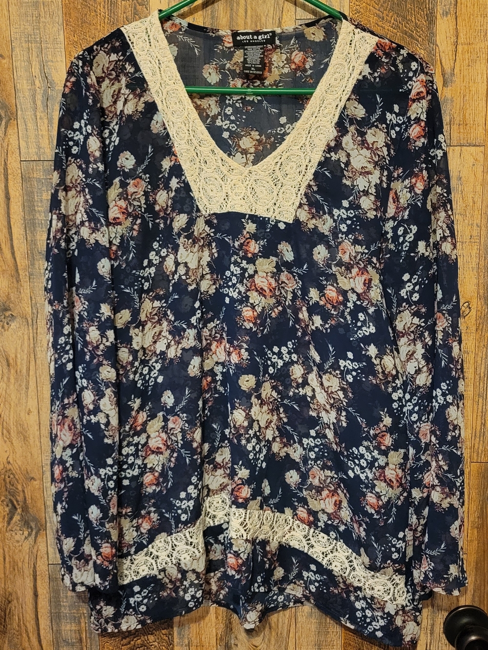 about a girl Navy Floral Lace-Trim Long Sleeve Top
